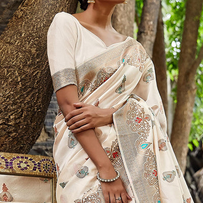 Cream Partywear Woven Silk Saree