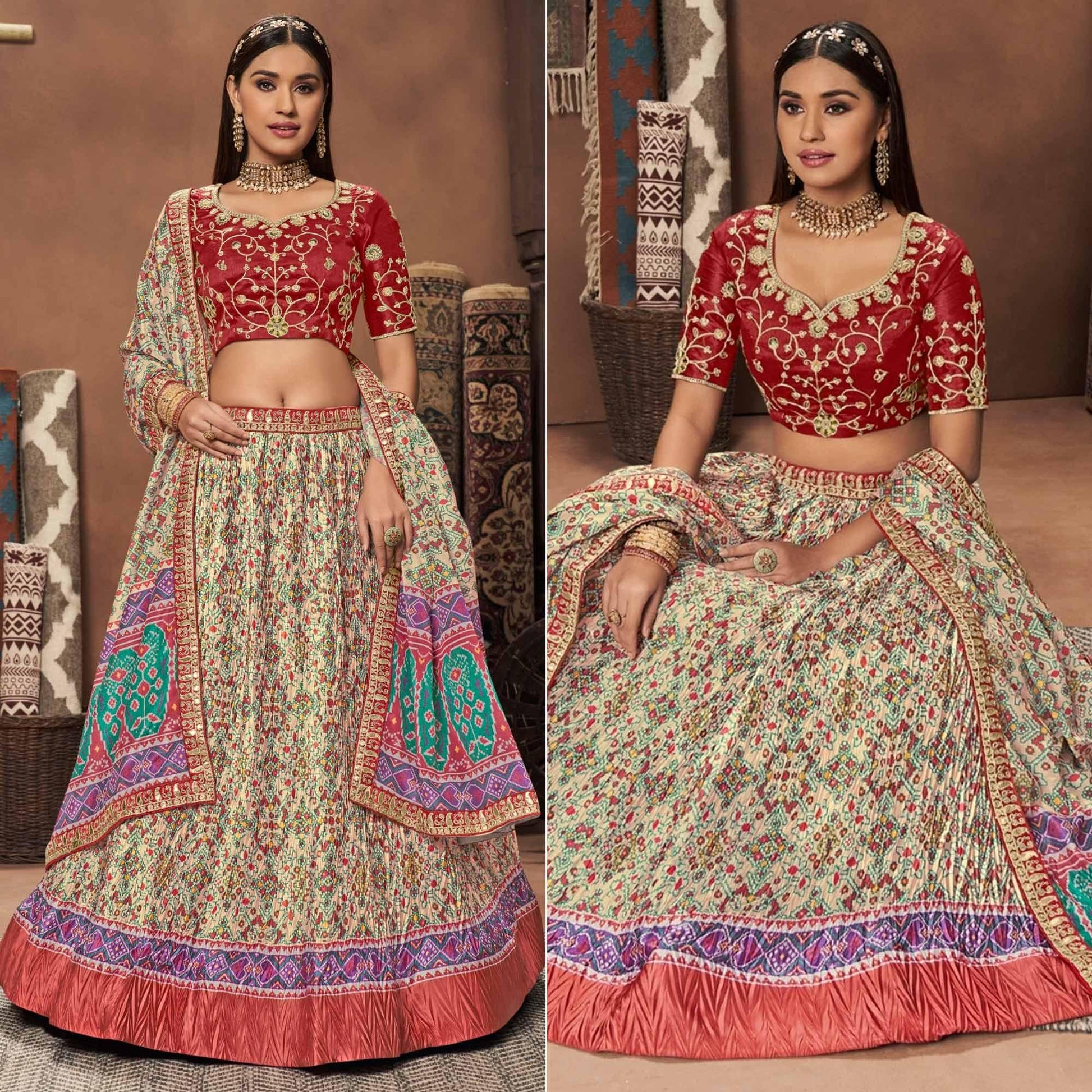 Cream Patola Printed Art Silk Lehenga Choli