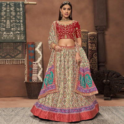 Cream Patola Printed Art Silk Lehenga Choli