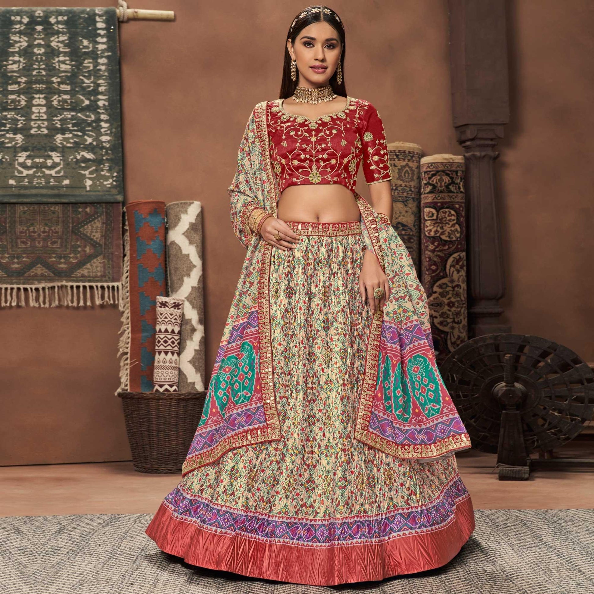 Cream Patola Printed Art Silk Lehenga Choli