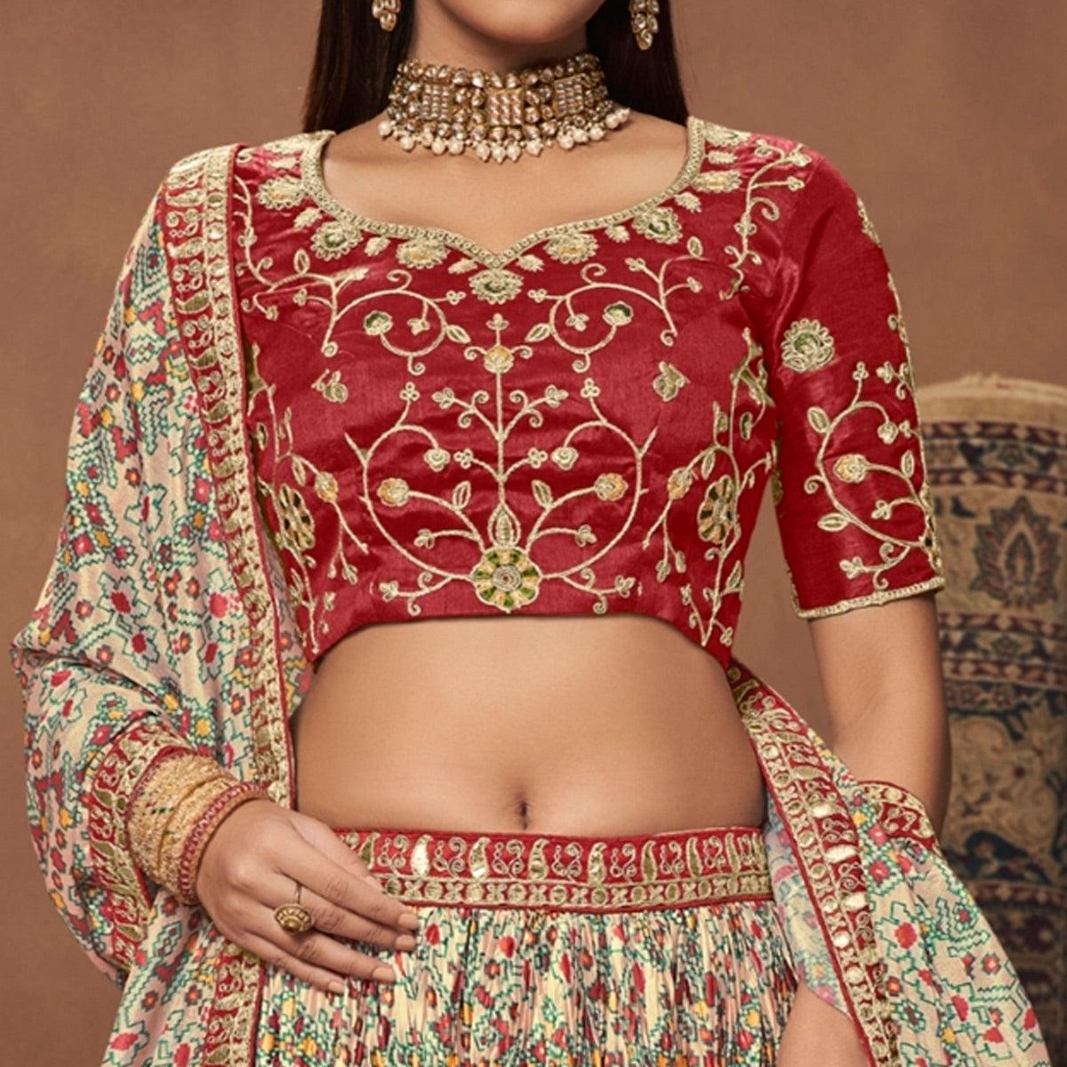 Cream Patola Printed Art Silk Lehenga Choli