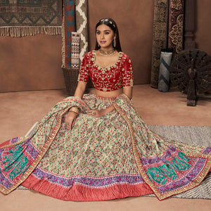 Cream Patola Printed Art Silk Lehenga Choli