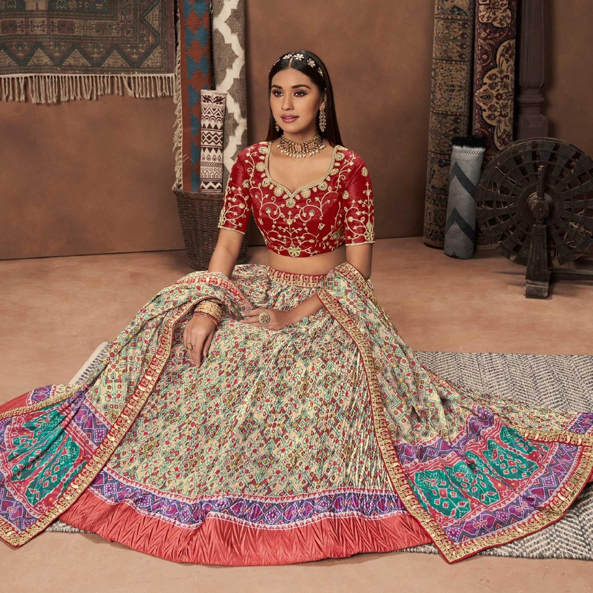Cream Patola Printed Art Silk Lehenga Choli