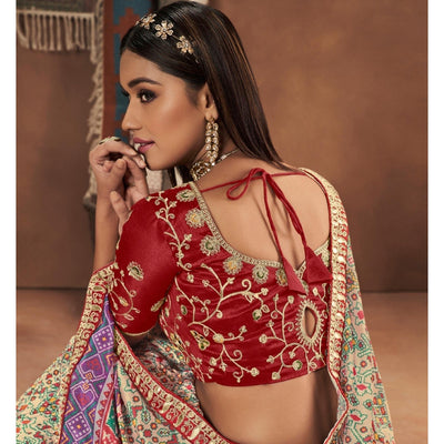 Cream Patola Printed Art Silk Lehenga Choli
