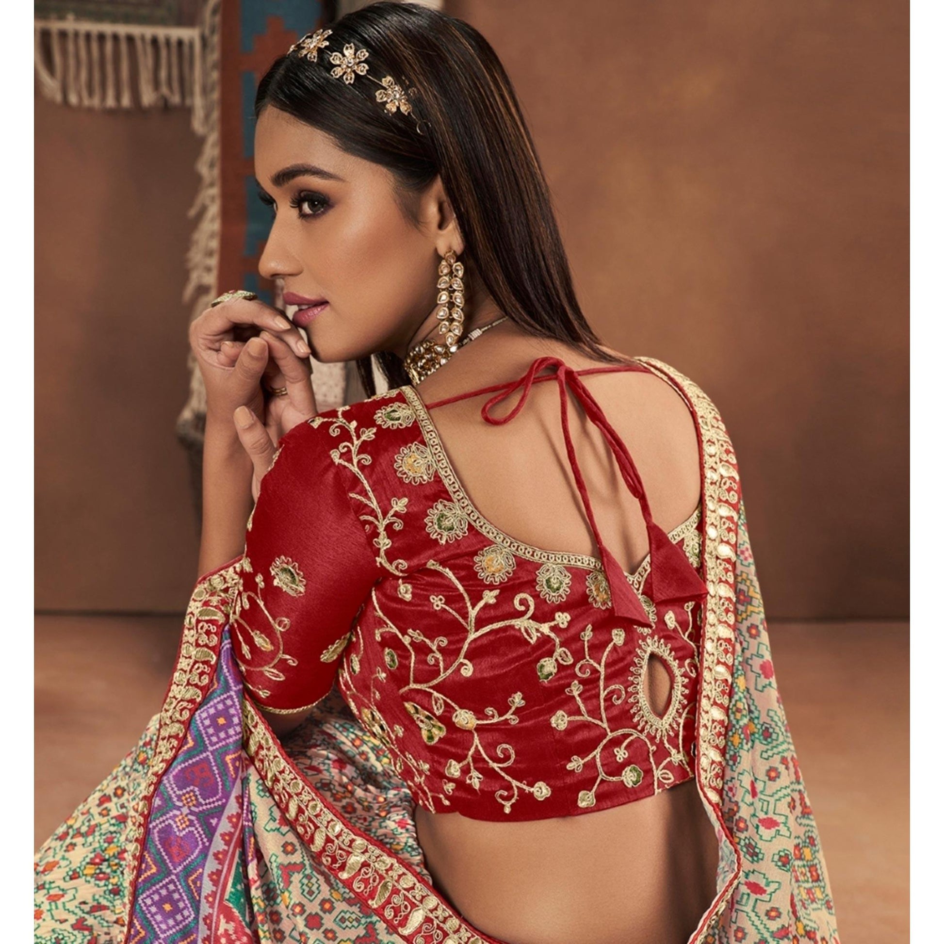 Cream Patola Printed Art Silk Lehenga Choli