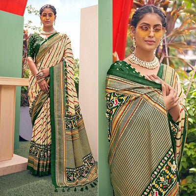 Cream Patola Printed Silk Saree With Tassels