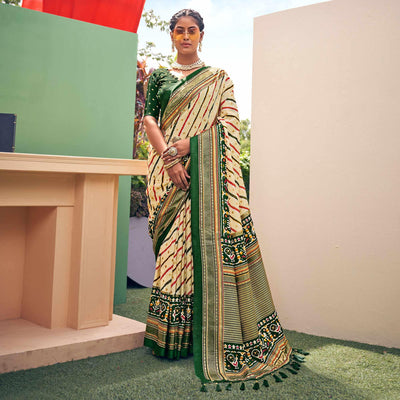 Cream Patola Printed Silk Saree With Tassels