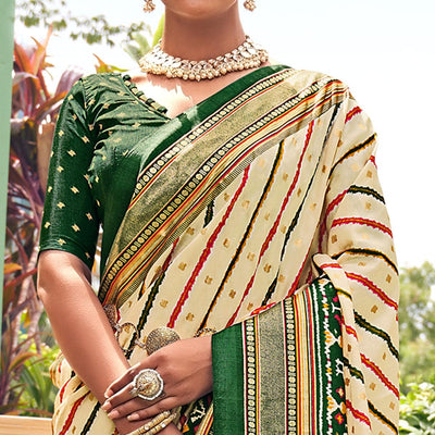 Cream Patola Printed Silk Saree With Tassels