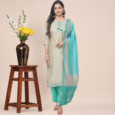 Cream Patywear Embroidered Muslin Kurti Pant Set With Dupatta