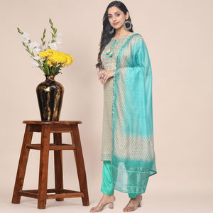 Cream Patywear Embroidered Muslin Kurti Pant Set With Dupatta