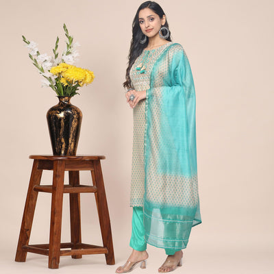 Cream Patywear Embroidered Muslin Kurti Pant Set With Dupatta