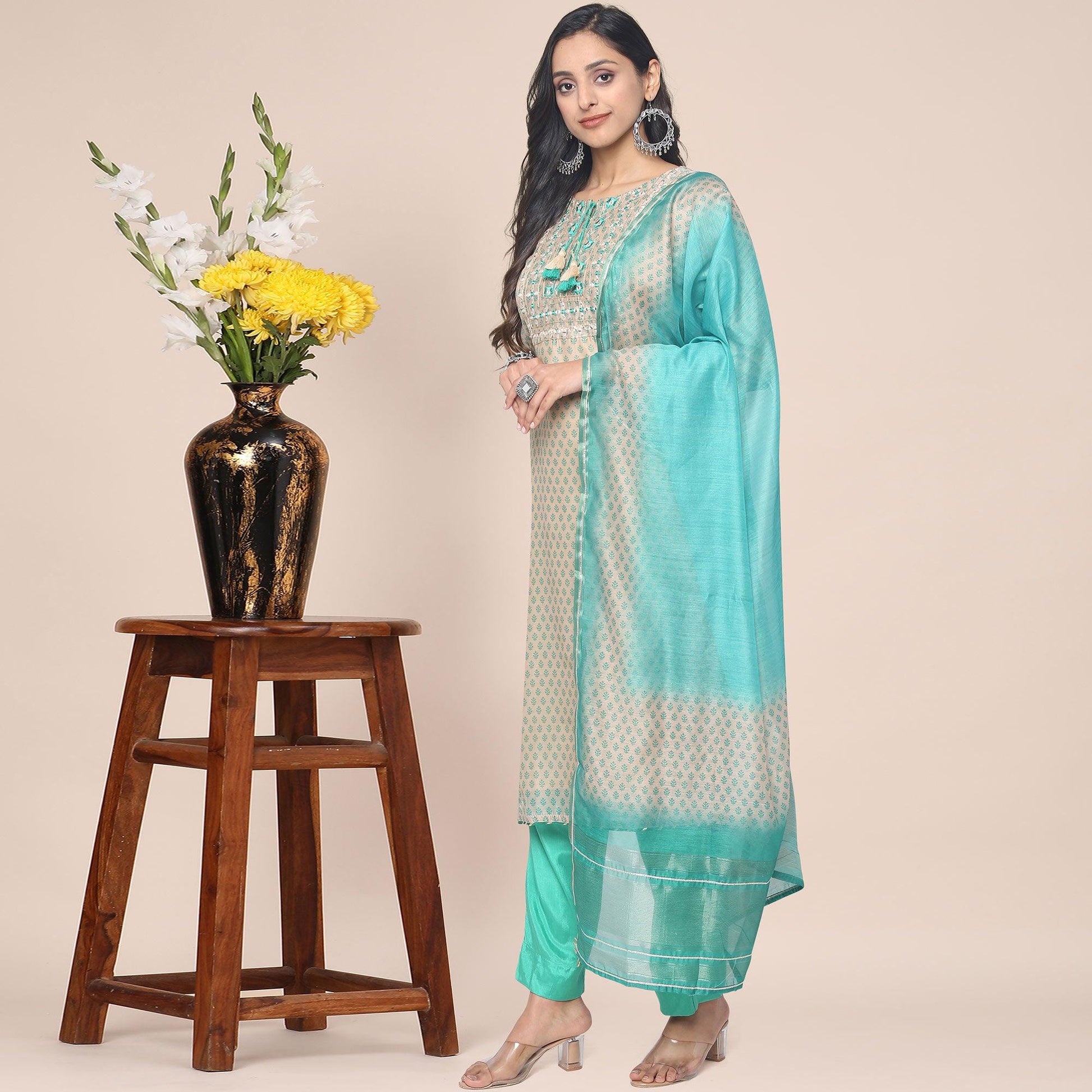 Cream Patywear Embroidered Muslin Kurti Pant Set With Dupatta