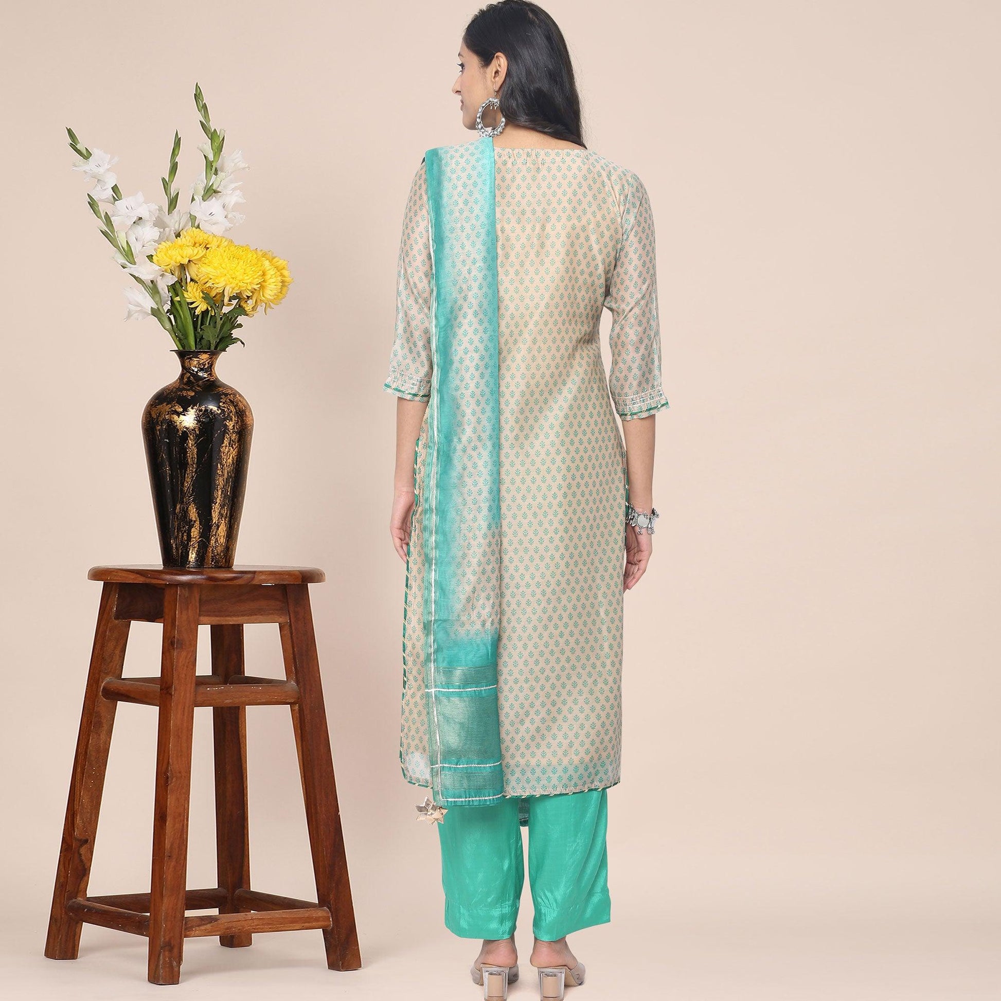 Cream Patywear Embroidered Muslin Kurti Pant Set With Dupatta
