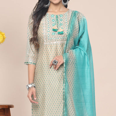 Cream Patywear Embroidered Muslin Kurti Pant Set With Dupatta
