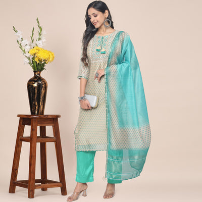 Cream Patywear Embroidered Muslin Kurti Pant Set With Dupatta