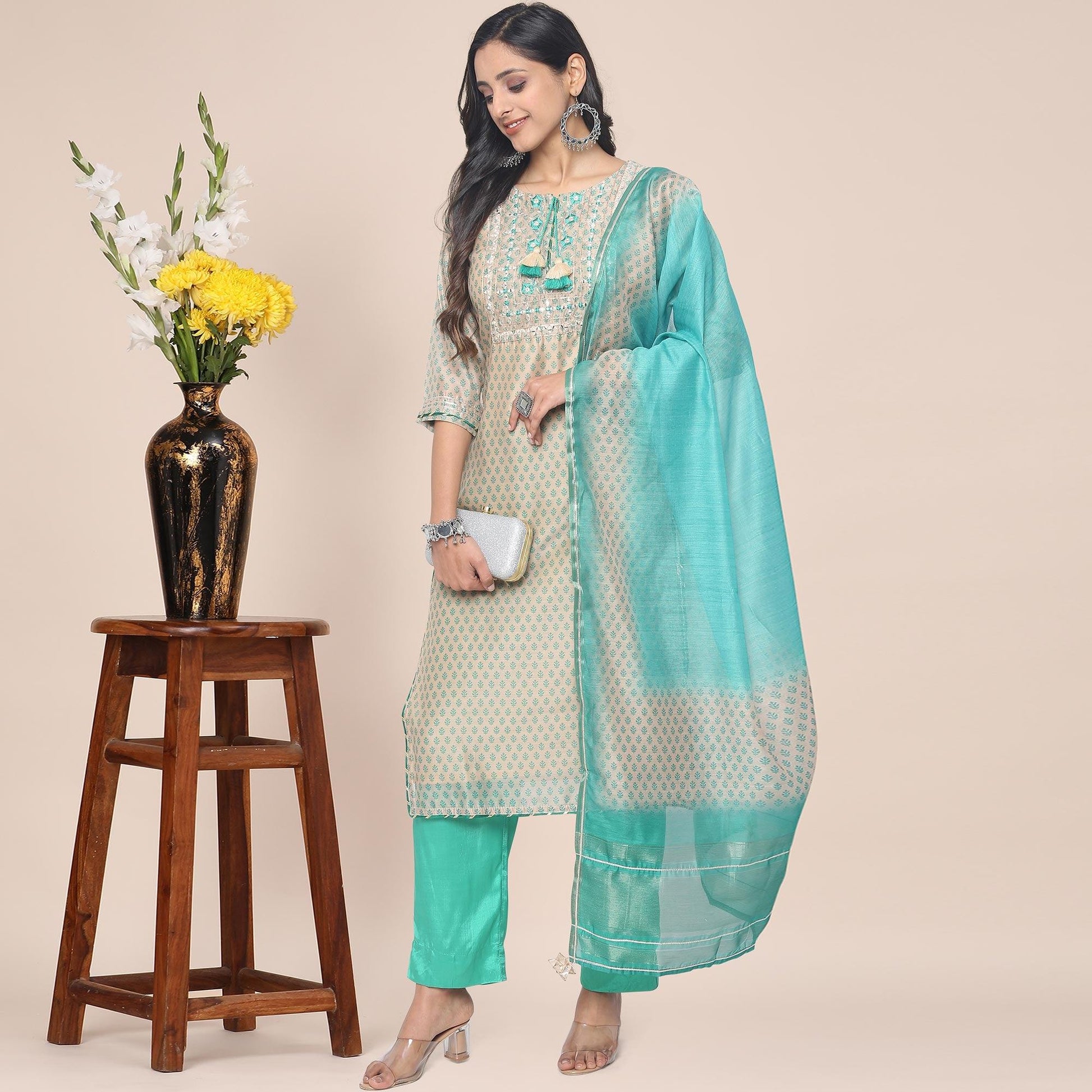 Cream Patywear Embroidered Muslin Kurti Pant Set With Dupatta