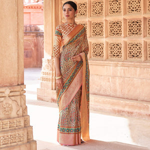 Cream - Peach Festive Wear Digital Printed Soft Silk Saree With Viscose Zari Border