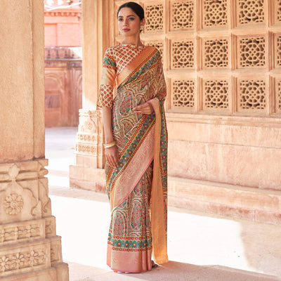 Cream - Peach Festive Wear Digital Printed Soft Silk Saree With Viscose Zari Border
