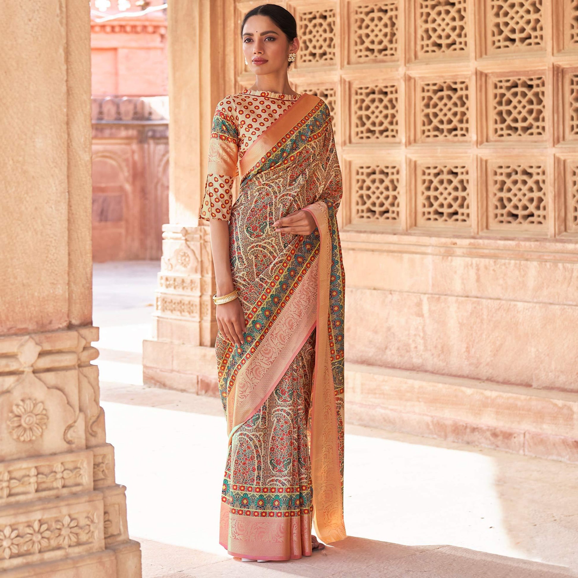 Cream - Peach Festive Wear Digital Printed Soft Silk Saree With Viscose Zari Border