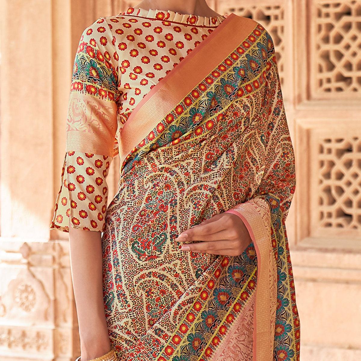 Cream - Peach Festive Wear Digital Printed Soft Silk Saree With Viscose Zari Border