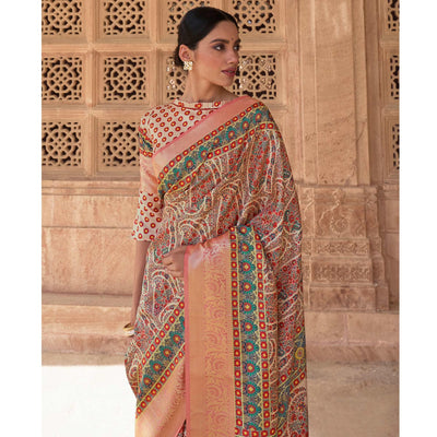 Cream - Peach Festive Wear Digital Printed Soft Silk Saree With Viscose Zari Border