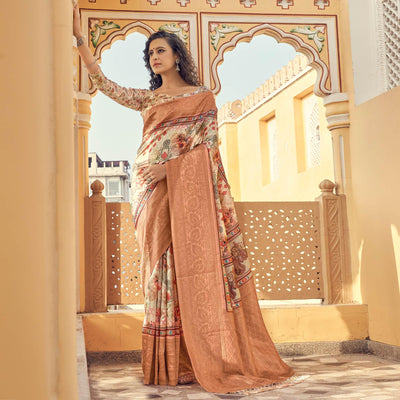 Cream-Peach Party Wear Digital Print Art Silk Saree With Tassels