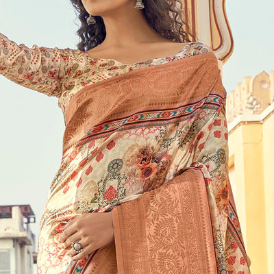 Cream-Peach Party Wear Digital Print Art Silk Saree With Tassels