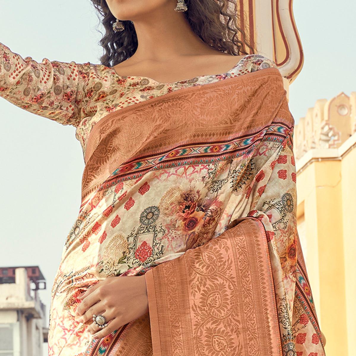 Cream-Peach Party Wear Digital Print Art Silk Saree With Tassels