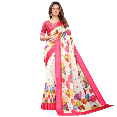 Cream-Pink Casual Wear Floral Digital Printed Linen Slub saree