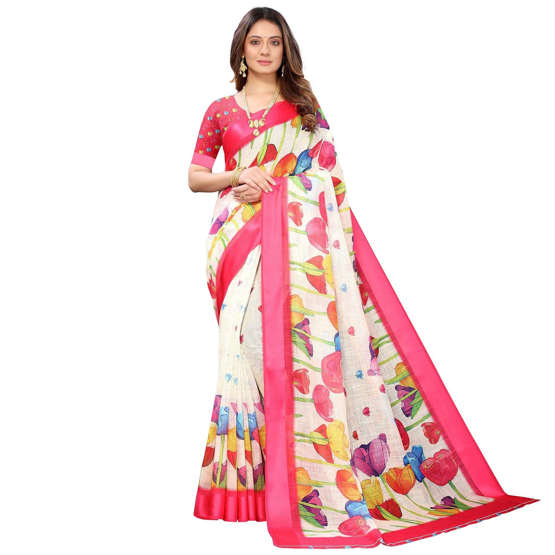 Cream-Pink Casual Wear Floral Digital Printed Linen Slub saree