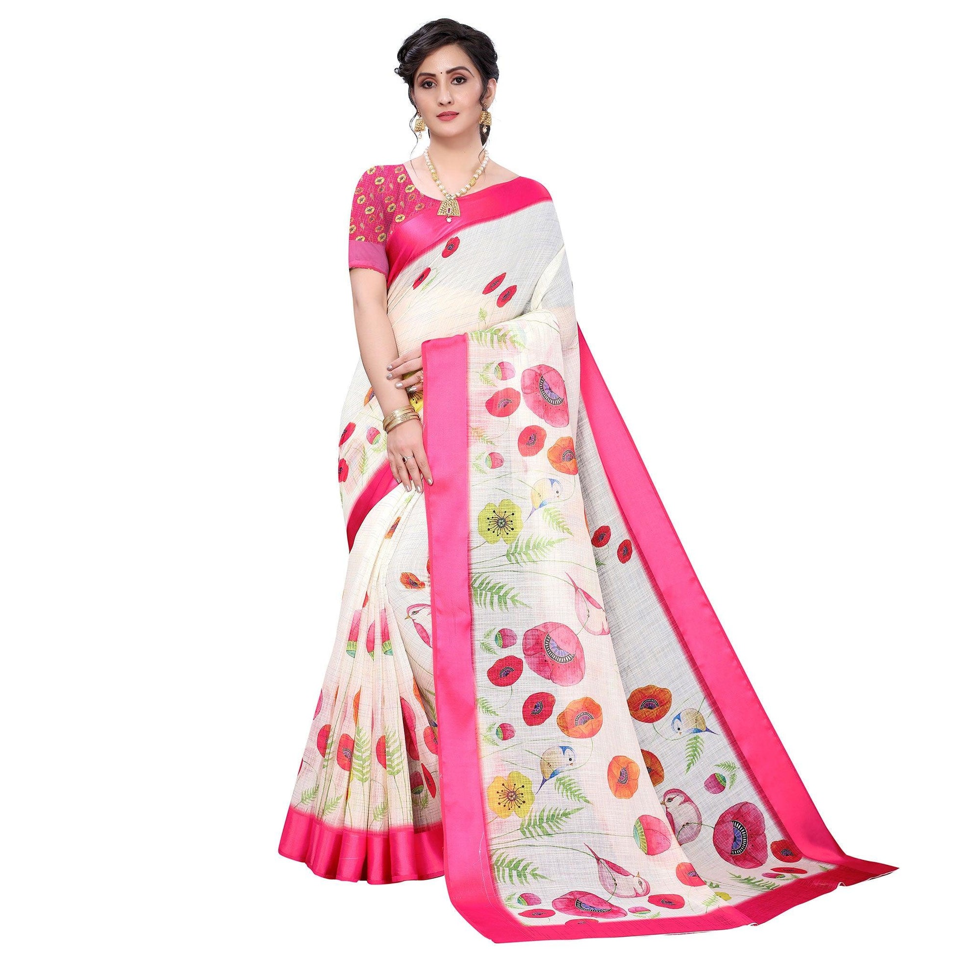 Cream-Pink Casual Wear Floral Digital Printed Linen Slub saree