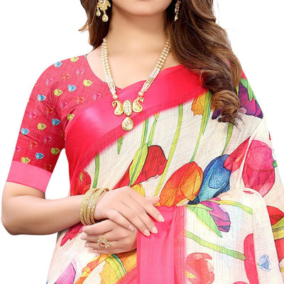 Cream-Pink Casual Wear Floral Digital Printed Linen Slub saree