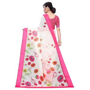 Cream-Pink Casual Wear Floral Digital Printed Linen Slub saree
