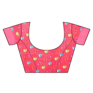 Cream-Pink Casual Wear Floral Digital Printed Linen Slub saree