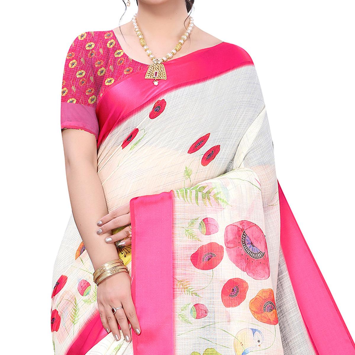 Cream-Pink Casual Wear Floral Digital Printed Linen Slub saree