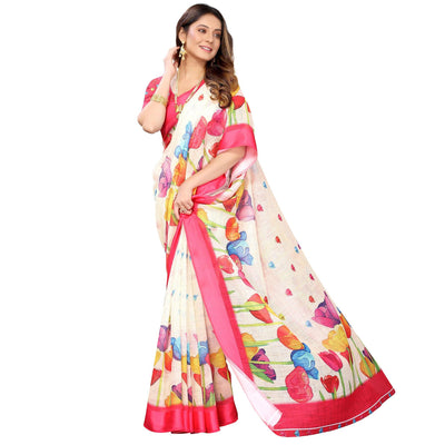 Cream-Pink Casual Wear Floral Digital Printed Linen Slub saree