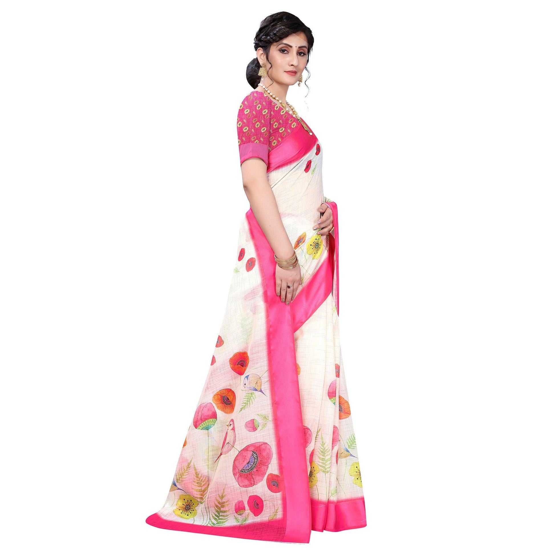 Cream-Pink Casual Wear Floral Digital Printed Linen Slub saree