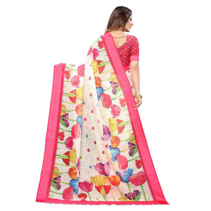 Cream-Pink Casual Wear Floral Digital Printed Linen Slub saree