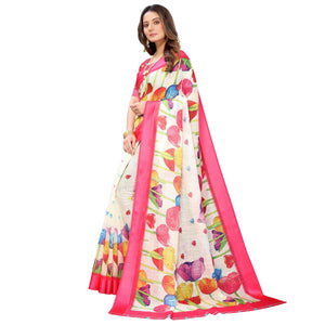 Cream-Pink Casual Wear Floral Digital Printed Linen Slub saree
