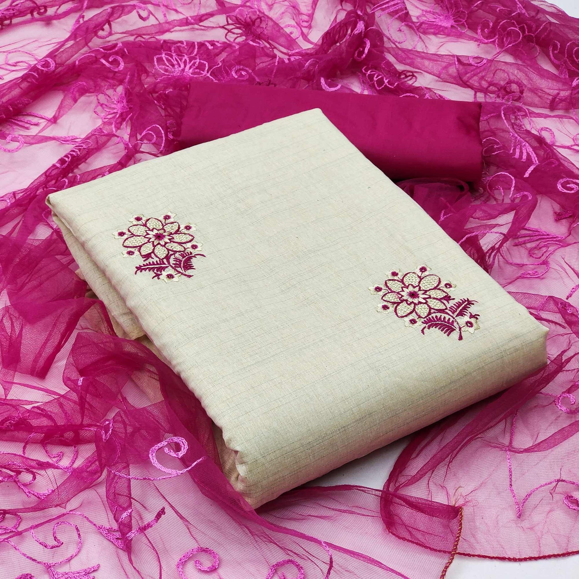 Cream - Pink Casual Wear Floral Embroidered Cotton Dress Material
