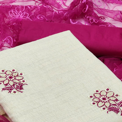 Cream - Pink Casual Wear Floral Embroidered Cotton Dress Material