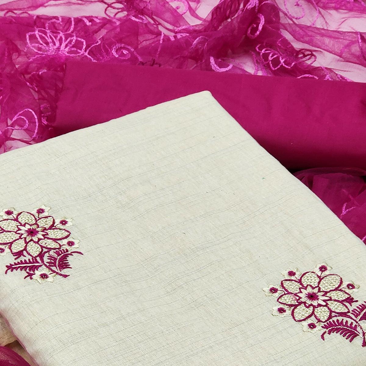 Cream - Pink Casual Wear Floral Embroidered Cotton Dress Material