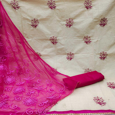 Cream - Pink Casual Wear Floral Embroidered Cotton Dress Material