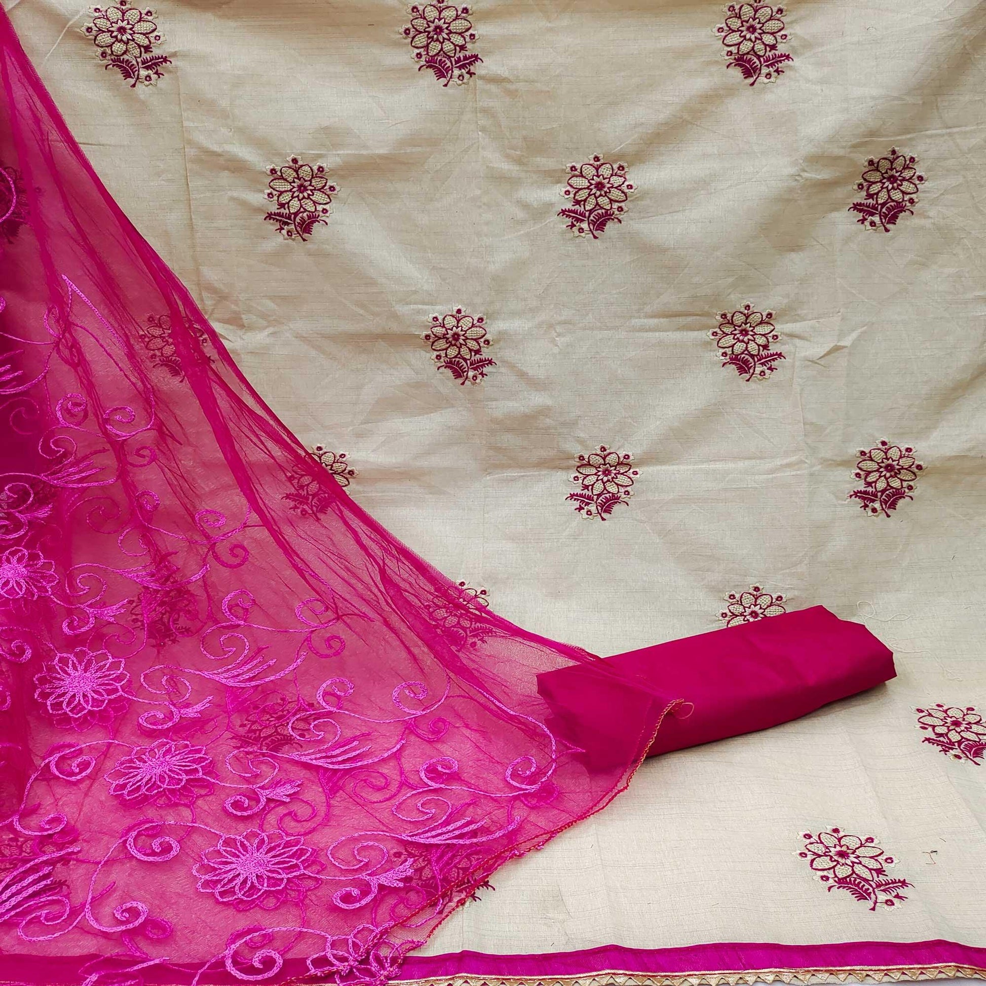 Cream - Pink Casual Wear Floral Embroidered Cotton Dress Material