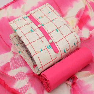 Cream - Pink Casual Wear Foil Printed Cotton Dress Material