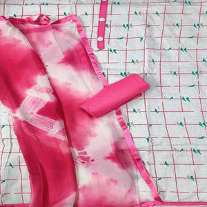 Cream - Pink Casual Wear Foil Printed Cotton Dress Material