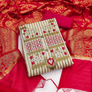 Cream-Pink Embroidered Cotton Blend Dress Material