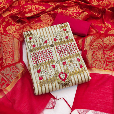 Cream-Pink Embroidered Cotton Blend Dress Material