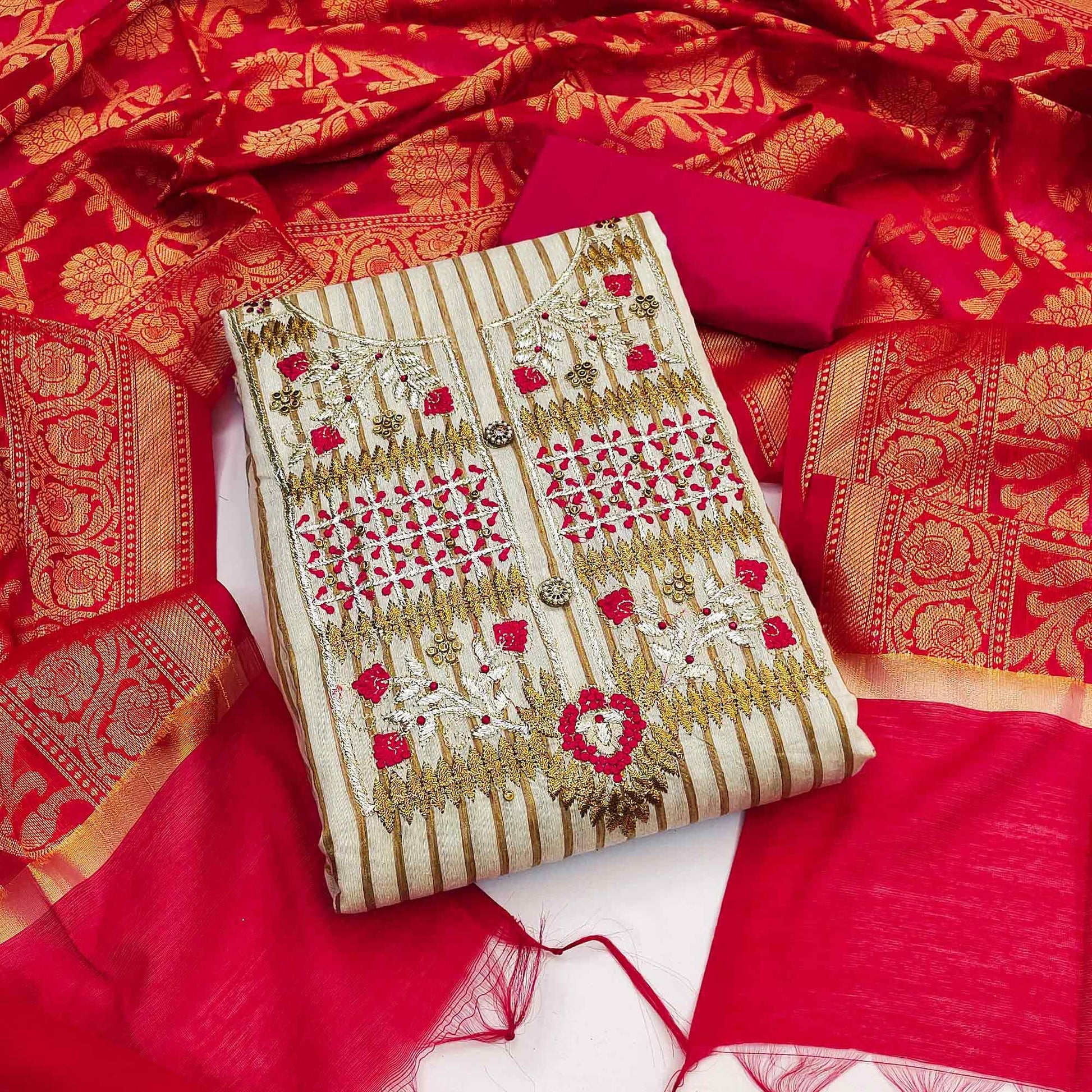 Cream-Pink Embroidered Cotton Blend Dress Material