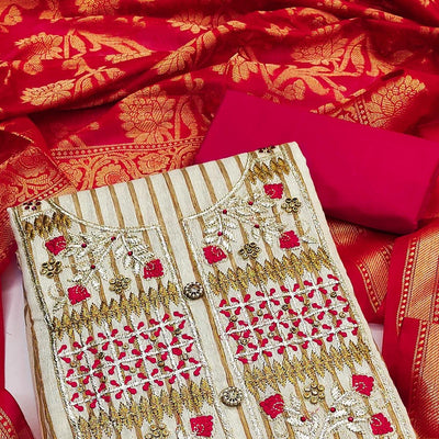 Cream-Pink Embroidered Cotton Blend Dress Material